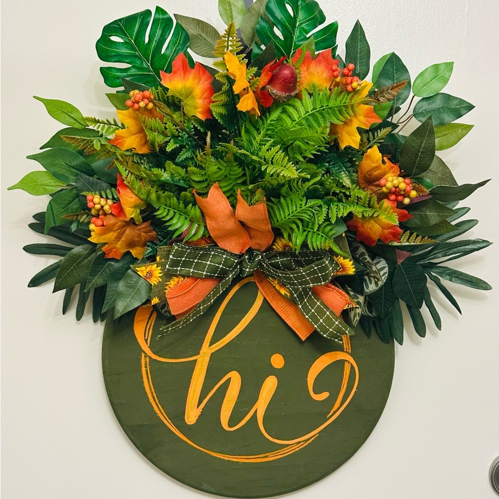 Green and Orange Wreath with 'Hi' Sign